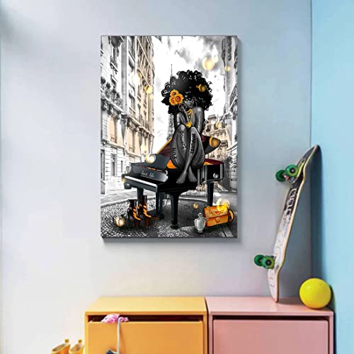 Framed Black Girl Art Wall Decor And White African American Women Portrait Wall Art On Piano City Abstract Canvas Painting Poster Prints For Living Room Office Bedroom Bathroom Home Wall Decoration(Queen On Piano, Framed 12X16In(30X40)Cm) #TOP5