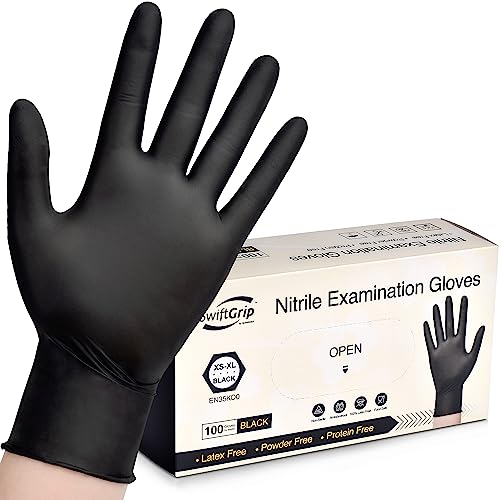 Swiftgrip Disposable Nitrile Exam Gloves, 3-Mil, Black Nitrile Gloves Disposable Latex Free For Medical, Cooking & Esthetician, Food-Safe Rubber Gloves, Powder Free, Non-Sterile, 100-Ct Box (Medium) #TOP16