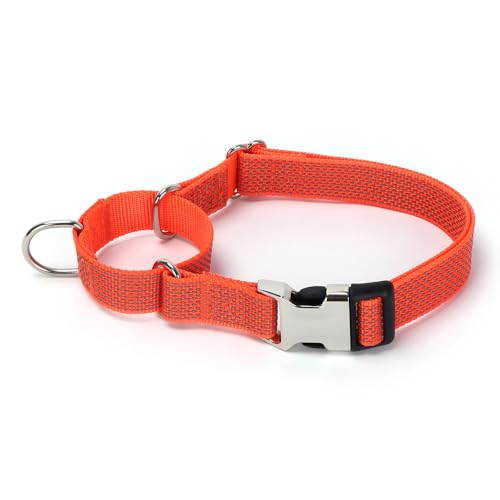 Martingale Collar for Dogs, Reflective Heavy Duty Nylon Dog Collar with Metal Quick Release Buckle D-Ring, Adjustable No Slip Dog Collars for Small Medium Large Dogs Walking Training (Orange, Large)
