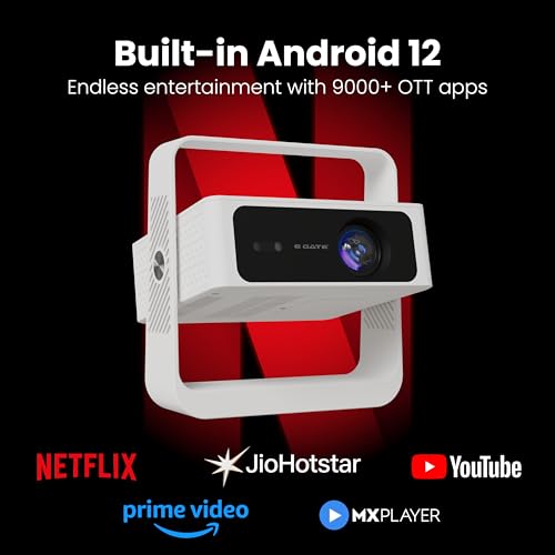 Image of E Gate Atom 4X Air, The Complete Projector with 1080P & 4K Support | Auto Focus + Auto Keystone + Obstacle Avoid | 400 ISO, Android 12 with Netflix, Prime, Live TV | WiFi-BT-HDMI ARC-720p native EGATE