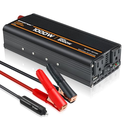 EFFORTWAY 1000W Power Inverter Inverter 12V to 110V with 2 AC Outlets 2.1A USB Port Car Power Inverter with Alligator Battery Clamp for Phone Laptop on Camping Road Trip
