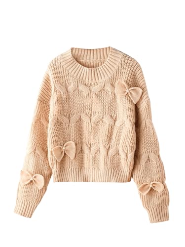 Image of SHENHE Girl's Bow Sweater Pullover Crewneck Long Sleeve Knitted Cute Sweater Jumper Top Apricot 10 Years