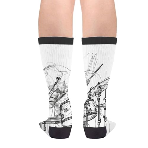 YISHOW Graffiti Sketch Drummer Music Men's Unisex Novelty Crew Socks Funny Crazy Dress Socks, Black and White