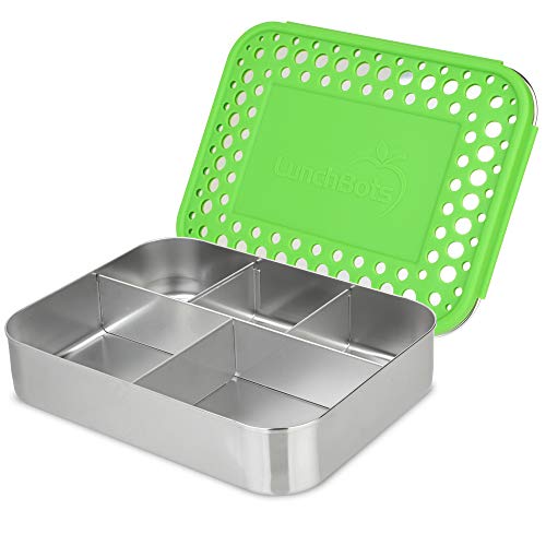 LunchBots Large Cinco Stainless Steel Lunch Container - Five Section Design Holds a Variety of Foods - Metal Bento Box - Dishwasher Safe - Stainless Lid - Green Dots