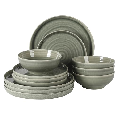 Image of Gibson Elite Eclipse Swirls Plates and Bowls Sets, 12-Piece Stoneware Dinnerware Sets, Reactive Glaze Dish Set - Green