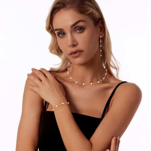 Image of Zeffy Gold Pearl Necklace for Women, Dainty 14K Gold /Silve Plated Layered Pearl Choker Pearl Earrings Pearl Bracelets Wedding Trendy Gold Jewelry Set for Women Gifts
