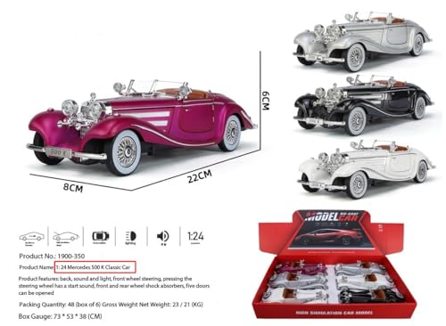 Image of 1:24 Scale Benz 500K Toy Car | Metal Pullback Diecast Car for Kids with Openable Doors, Sound, Light Effects Toy for Car Enthusiasts (Color As Per Available), Black
