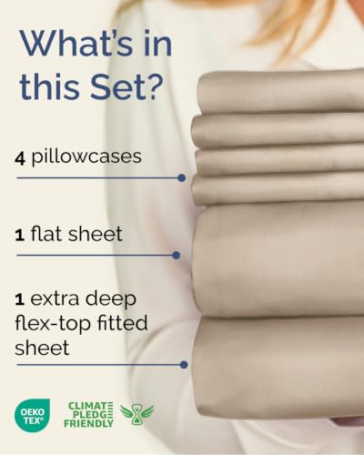 Image of Flex Top Split Head King 6 Piece Sheet Set - Breathable & Cooling - Cream | Ultra Soft Hotel Luxury Bedding Set w / 8-16 Inch Deep Pockets, 1 Flat & 1 Split-Head Fitted Sheet & 4 Pillowcases, Fade Free