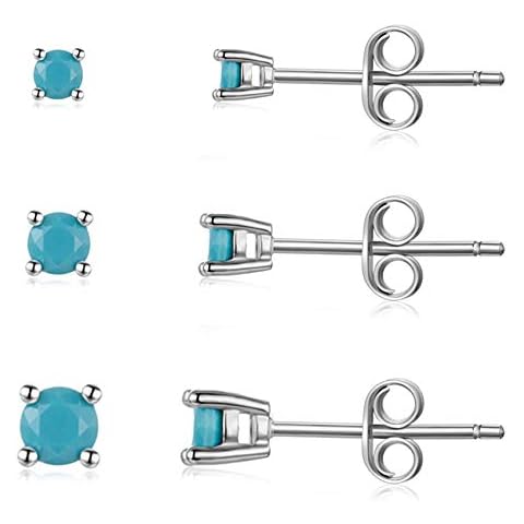 Sterling Silver Stud Earrings for Men Women- Hypoallergenic Tiny Turquoise Stud Earring Set White Gold Plated Round Prong-Set Birthstone Small Earrings(2mm/3mm/4mm) Cover