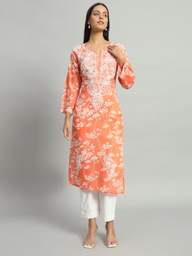Image of Bilal Handicrafts Women's Lucknowi Chikankari MUL Cotton Straight Kurti | Floral Embroidered Calf Length Kurta | Sizes 36-46 | Orange