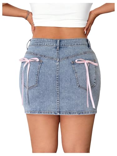 MakeMeChic Women's Plus Size Summer Denim Skirt Bow Stretchy Bodycon Y2k Mini Jean Skirts