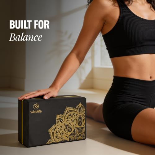 Image of WiseLife Printed Yoga Blocks | Yoga Brick (Pack of 2, Extra Large Size), High-Density EVA Foam Soft Surface for Balance, Support & Performance, Strength Training Exercise (Black)