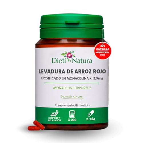 Dieti Natura Levadura de Arroz Rojo 200 Cápsulas para Reducir Colesterol - 2,9mg de Monacolina K para Bajar el Colesterol - Levadura Roja de Arroz para Salud Cardiovascular - Suministro 3 Meses