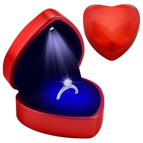 HOMTRAK Caja Anillo Compromiso Corazón Roja con Luz LED Automática, Terciopelo Premium, Caja para Anillo de Compromiso y Pedida, Caja Regalo Joyería para Propuesta Boda Aniversario San Valentín