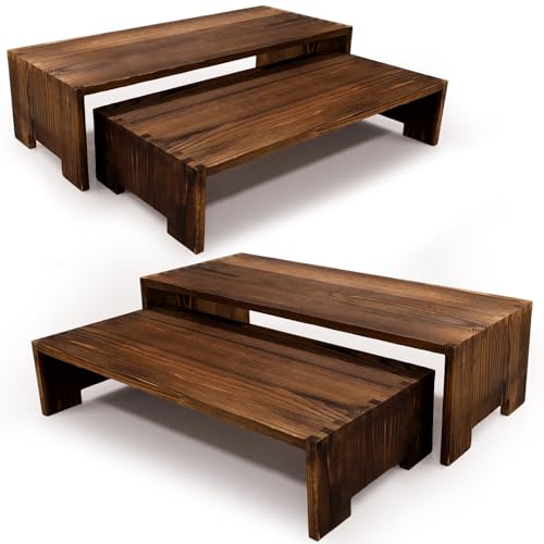 Yikaroeli Large Display Riser Wood Risers Cupcake Stand 2 Tier Racks Decorative Rectangular, 2 Set 4 Piece Cologne Perfume Organizer Dessert Stands for Vendors Event