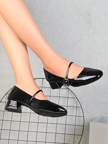 Image of XE Looks Women's Mary Jane Strap Block Heel Pumps with Glossy Upper | Closed Toe Design | Soft Cushioned Insole | Stable Supportive Heel for Girls & Women Black