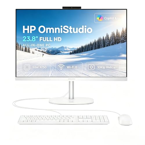 Image of HP OmniStudio All‑in‑One Desktop, 24‑Inch Full HD Display, Intel N150 Quad‑Core CPU, 16GB DDR5 RAM, 128GB UFS Storage, WiFi 6, Bluetooth 5.4, Wired Keyboard & Mouse, Windows 11, Cashmere White