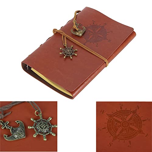 NectaRoy Retro Vintage Denizcilik Defteri Klasik PU Deri Kapak Not Defteri Seyahat Günlüğü Seyahat Dergisi Doldurulabilir Eskiz Defteri Spiral Halka Binder Günlüğü Boş Sayfalar, Astarsız Kağıt, Retro Kolye, Klasik Kabartmalı (130x185 mm, Kahverengi)