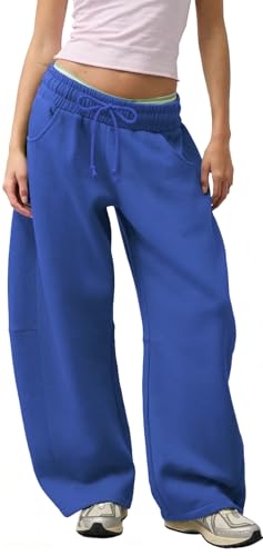 Waitfairy Barrel Sweatpants Women Baggy - 29 Inseam Drawstring Curved Wide Leg Sweatpants Women Lounge Gym Sweats Joggers Royal Blue S