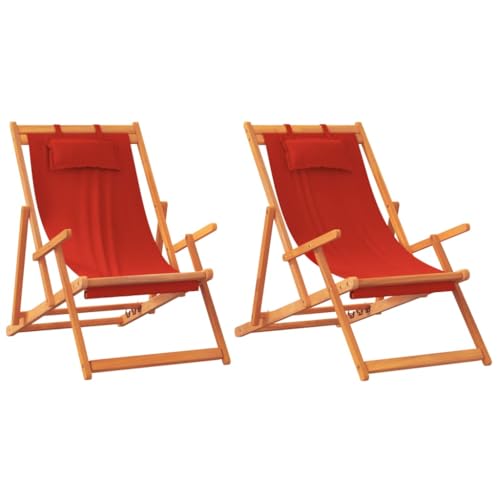Tomostar Lot de 2 Chaises Longue Pliante en Bois, Bain de Soleil Transat Chilienne Rouge Tissu