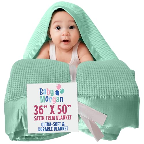 Image of Blankets Thermal Waffle Baby Blanket Crib Bedding - Soft Cozy Warm Infant Thermal Cover for Nursery Stroller or Bassinet, Lightweight Ideal Shower Gift, Satin Trim Mint Green 36 inch x 50 inch
