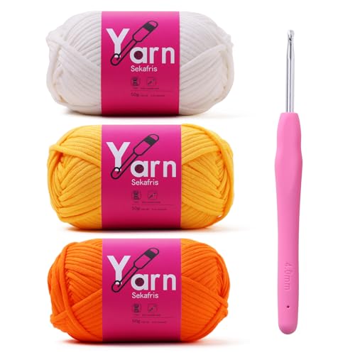 Image of Crochet Yarn with Cotton Yarn for Crocheting - Crochet Knitting Yarn for Beginners with Easy-to-See Stitches - Yarns for Crocheting - Parfait Chunky Yarns(Golden Yellow+White+Orange Peel