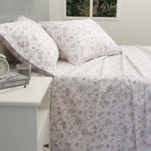 Image of Linen Home Cotton Percale Flat Bedsheet Set Single Size Floral Mauve