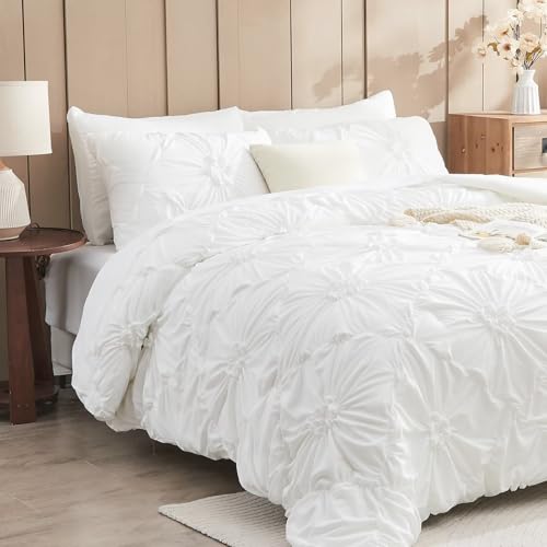Image of White Comforter Set Queen Size Bed in A Bag 7 Piece Pinch Pleat Bedding Set,Pintuck Ruched Flowers Bed Set with Comforter, Sheets, Pillowcases & Shams