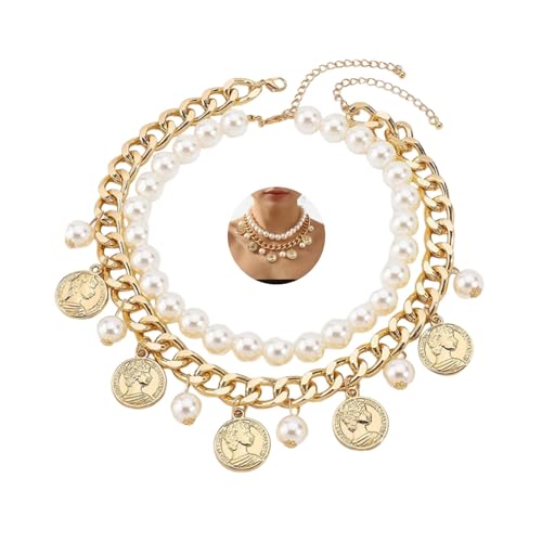 Gold Coin Necklace for Women Chunky Cuban Link Pearl Beaded Layered Necklaces Party Prom Acrylic Large Necklace Set Fashion Prom Jewelry Accessories (Gold)