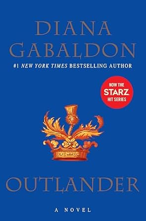Outlander by Diana Gabaldon. depicting a gold crown against a solid blue background.
