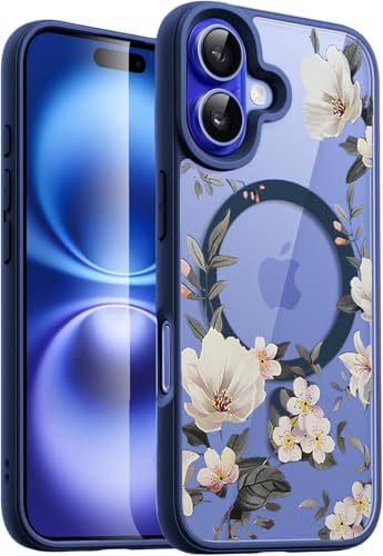 Image of VONZEE Compatible with iPhone 16 Case Luxury Retro Flowers Floral Clear for Magnetic Wireless Charging Case Shockproof Case PC+TPU Cute Glossy Shiny Cover for Girls Women, 6.1'' Navy Blue