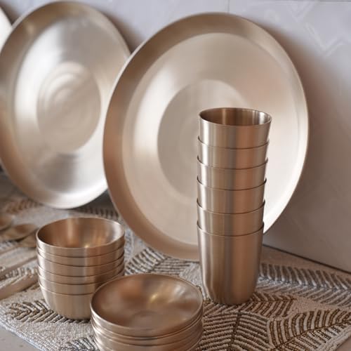 Image of Pure Kansa Family Dinner Set of 30 Pieces | Bronze Thali Set 12 Inch Plate, 2 Bowls, 1 Glass, 1 Spoon | Handcrafted Ayurvedic Kansa Utensils | Matte Finish | Gift for Diwali Wedding Housewarming
