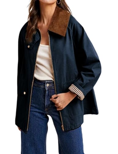SCUSTY Women's Barn Jackets Fall Color Block Corduroy Collar Utility Coat Outerwear with Pockets(Navy-S)