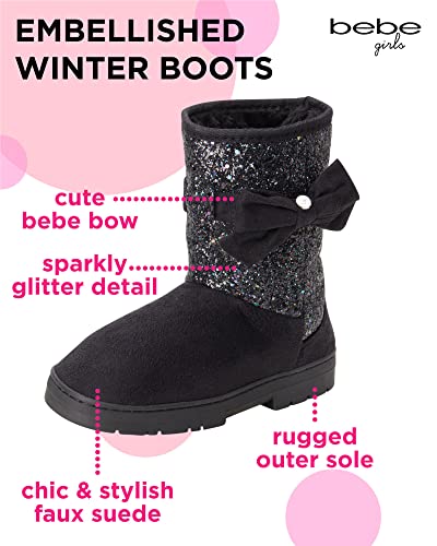Bebe Girls Winter Micro Suede Boots With Rhinestone Embellished Logo & Bow, Black Glitter, Size 2 Little Kid #TOP1