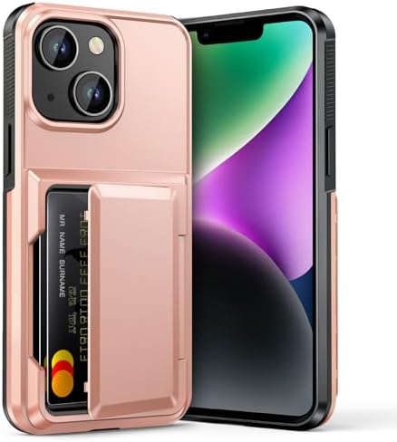 Vofolen for iPhone 14 Case Wallet with Card Holder [Max 5 Cards] Dual Layer Heavy Duty Shockproof Drop Protection Hidden Flip ID Slot Phone Cover for Men Women, 6.1 Inch Rose Gold