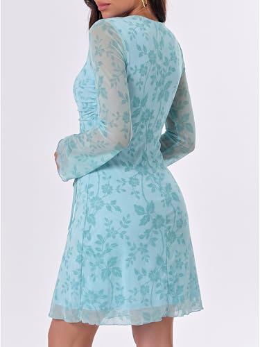 Image of Caracilia Womens Sexy Mesh Ruched Mini Dresses Long Sleeve Square Neck Tie Fall Club Party Cocktail Short Dress 2026 Fashion