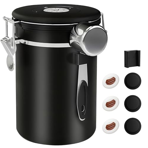 ShanSon Coffee Canister Airtight Coffee Container Stainless Steel Coffee Bean Storage Container with Scoop Coffee Canister for Beans Grounds Sugar Flour Tea Cereal,22OZ, Black