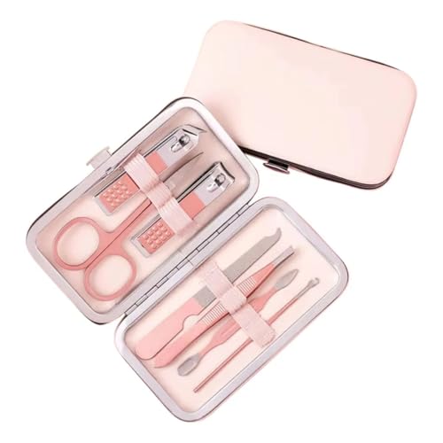 Kit Manicure 7 Peças com Estojo, Tesoura, Cortador de Unhas, Alicate, Lixa, Pinça, Múltiplas Cores (Rosa Claro)