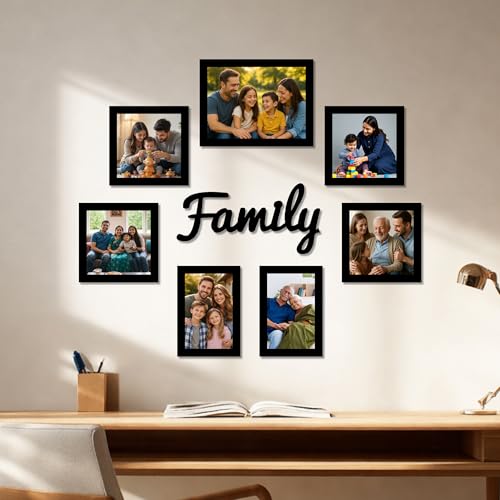Image of Art Street Decorative Premium Set of 7 Individual Wall Photo Frame with Family MDF Wall Plaque - Black
