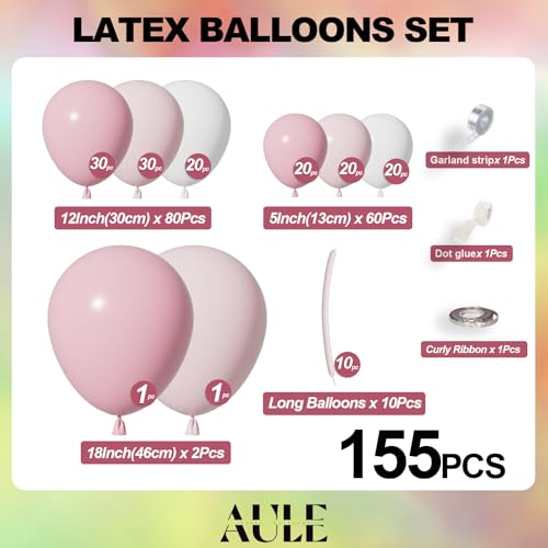 Image of AULE Pink Balloon Arch Kit 155Pcs Light Pink White Balloons | Macaroon Pink Balloons Garland for Birthday Wedding Gender Reveal Anniversary Bridal Princess Theme Party Decoration