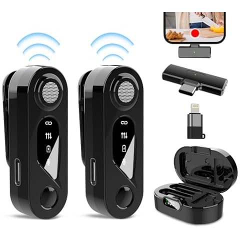 Wireless Lavalier Microphone with Charging Case: 2 PACK Mini Microphone for iPhone iPad Android - Plug-Play Clip on Lapel Microphone Wireless, Noise Reduction Mic for Video Recording, Interview Cover