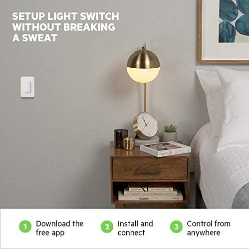 Diagram showing three steps for setting up the WeMo Light Switch: Download the free app, Install and connect, Control from anywhere.