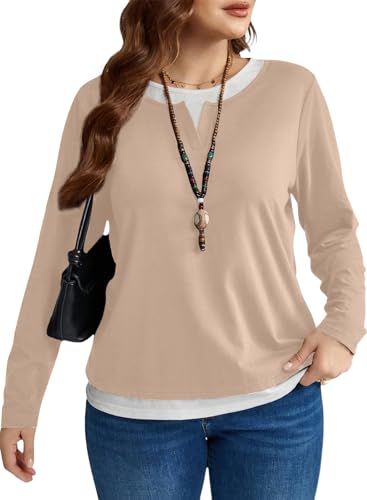 Image of Eytino Women Plus Size Fall Tops Patchwork Shirts(1X-5X) | Casual Crewneck Long Sleeve,Fashion Color Block Basic Tees,Loose Fit Blouse