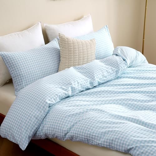 Image of TOCOMOA Sky Blue Gingham Duvet Cover Bedding Set 100% Washed Cotton Like Linen Feel Super Soft Comfy 3 Piece Vintage Plaid Checkered Comforter Cover Set (Queen 90 inchx90 inch, Comforter Not Included)