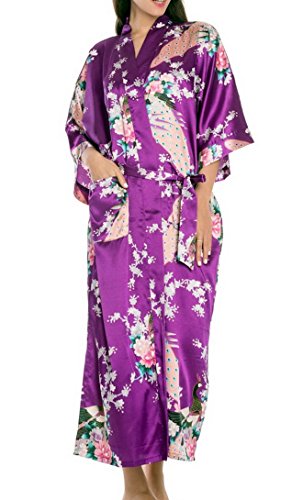 Paon Cardigan Robe de Chambre Longue - Peignoir Court Kimono Soie Artificielle Femme - Violet - Taille 3XL