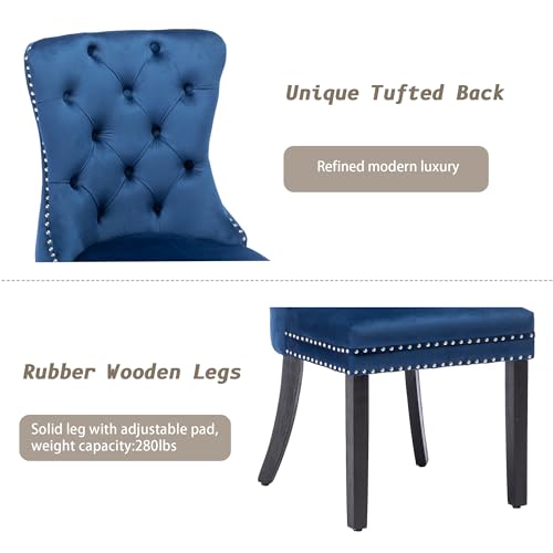 KCC Velvet Dining Chairs Set of 6, Upholstered High-end Tufted Dining Room Chair with Nailhead Back Ring Pull Trim Solid Wood Legs, Nikki Collection Modern Style for Kitchen, Blue