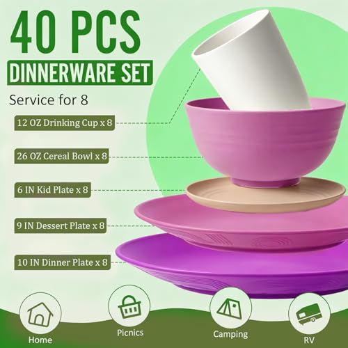 Image of Wheat Straw Dinnerware Sets 40 PCS Bowl and Plate Sets With Cup Dishes Set for 8 Unbreakable Dish Sets Microwave Safe Plates Dinner Bowls Drinking Glasses With 4 Color - Flower Color