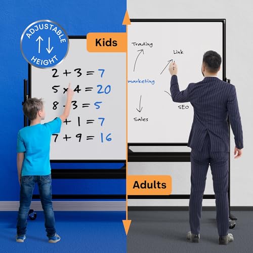 Image of Rolling Dry Erase Board 96 x 46 - Large Portable Magnetic Whiteboard with Stand - Double Sided Easel Style Whiteboard with Wheels - Mobile Standing White Board for Office, Classroom & Home