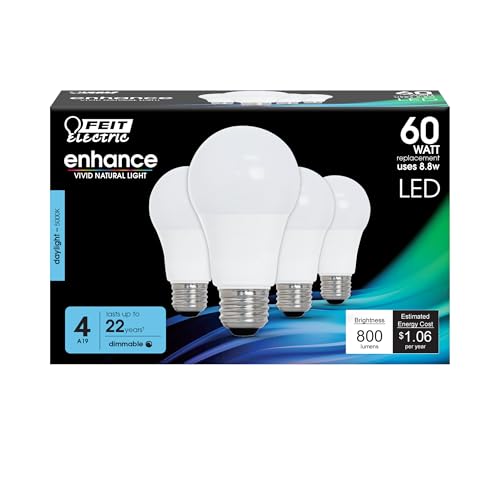 Image of Feit Electric A19 LED Light Bulbs, 60W Eq, Dimmable, Daylight 4 Pack