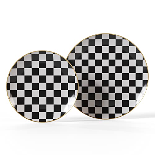 Trendables Checkered Disposable Plates Set For 20 People | 40 Pcs | Plastic Wedding Plates Checkered With Gold Rim | Heavy Duty Fancy Black And White Checkered Plastic Plates With Gold Rimmed Edge #TOP1